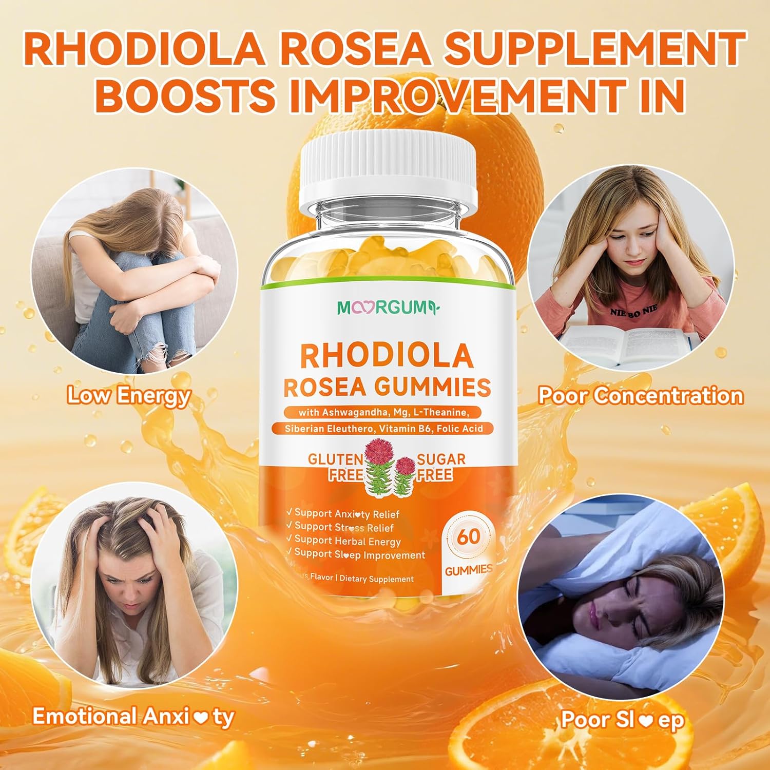 Rhodiola Rosea Gummies for Adults & Kids-Adaptogenic Herb-Daily Wellness, Emotions, Slumber Support, with Ashwagandha, Magnesium Glycinate, Siberian Eleuthero Supplements for Women & Men, 120 Count