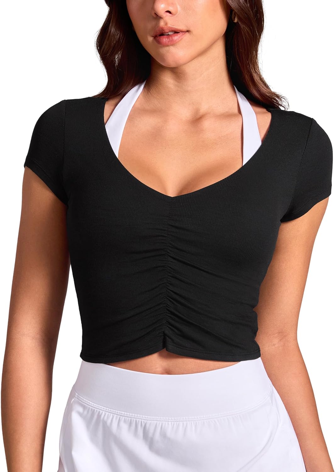 INGIA Womens V-Neck Ruched Front Short Sleeve Top Cropped Activewear Ribbed Shirt Ballet Pilates Yoga Casual Top