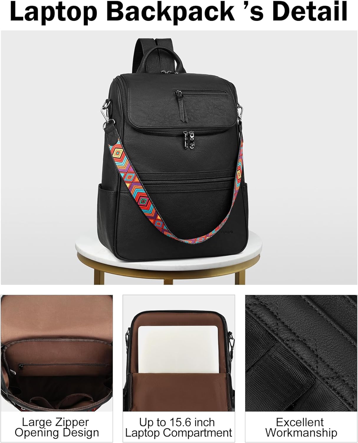 FADEON Laptop Backpack for Women Leather Travel Backpack with Laptop Compartment, Designer PU Shoulder Laptop Bag Black - Image 7