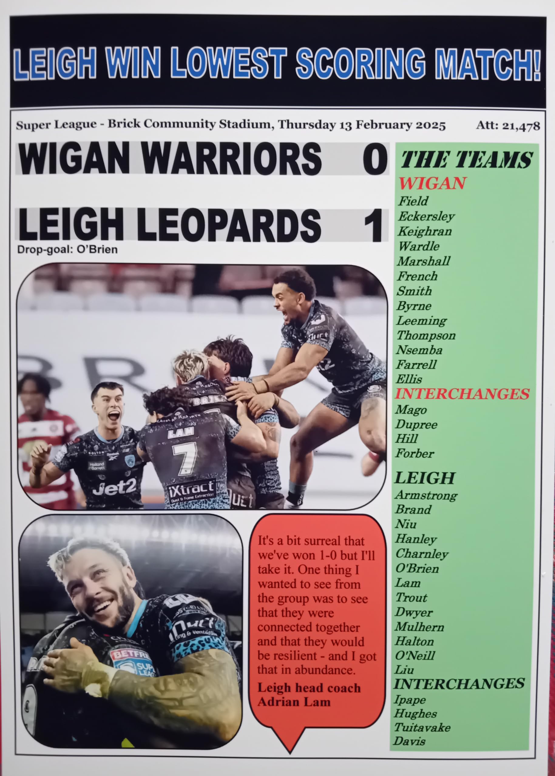 Assorted Multicoloured Wigan Warriors 0 Leigh Leopards 1-2025 Premier League - Souvenir Print