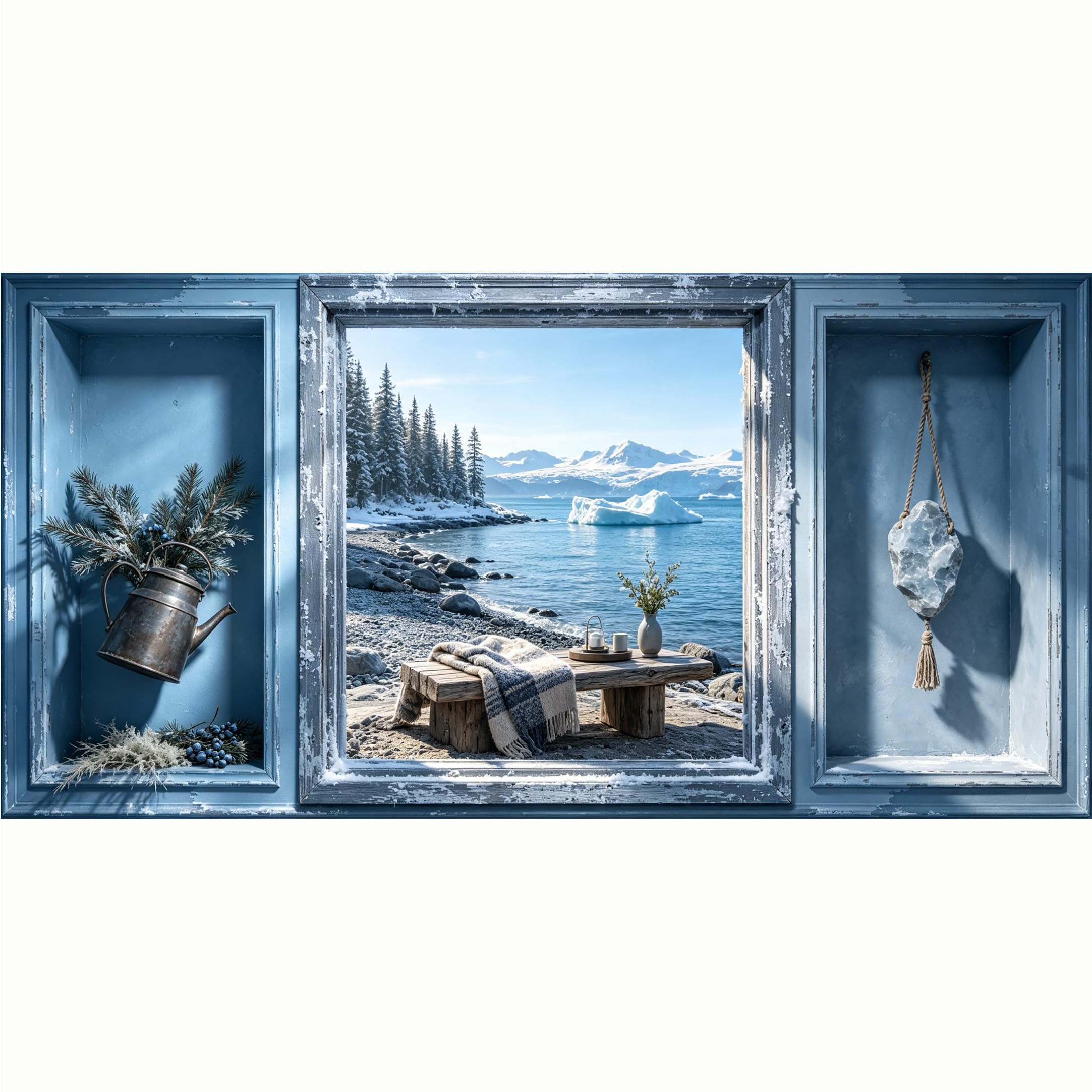 QZLITHOTIC 50x100cm 3D Framed Wall Art， Winter Mountain Lake Shoreline Scenery Self‑Adhesive Mural， Water‑Activated Peel & Stick Fabric Decor Wall Decal for Bedroom Living Room