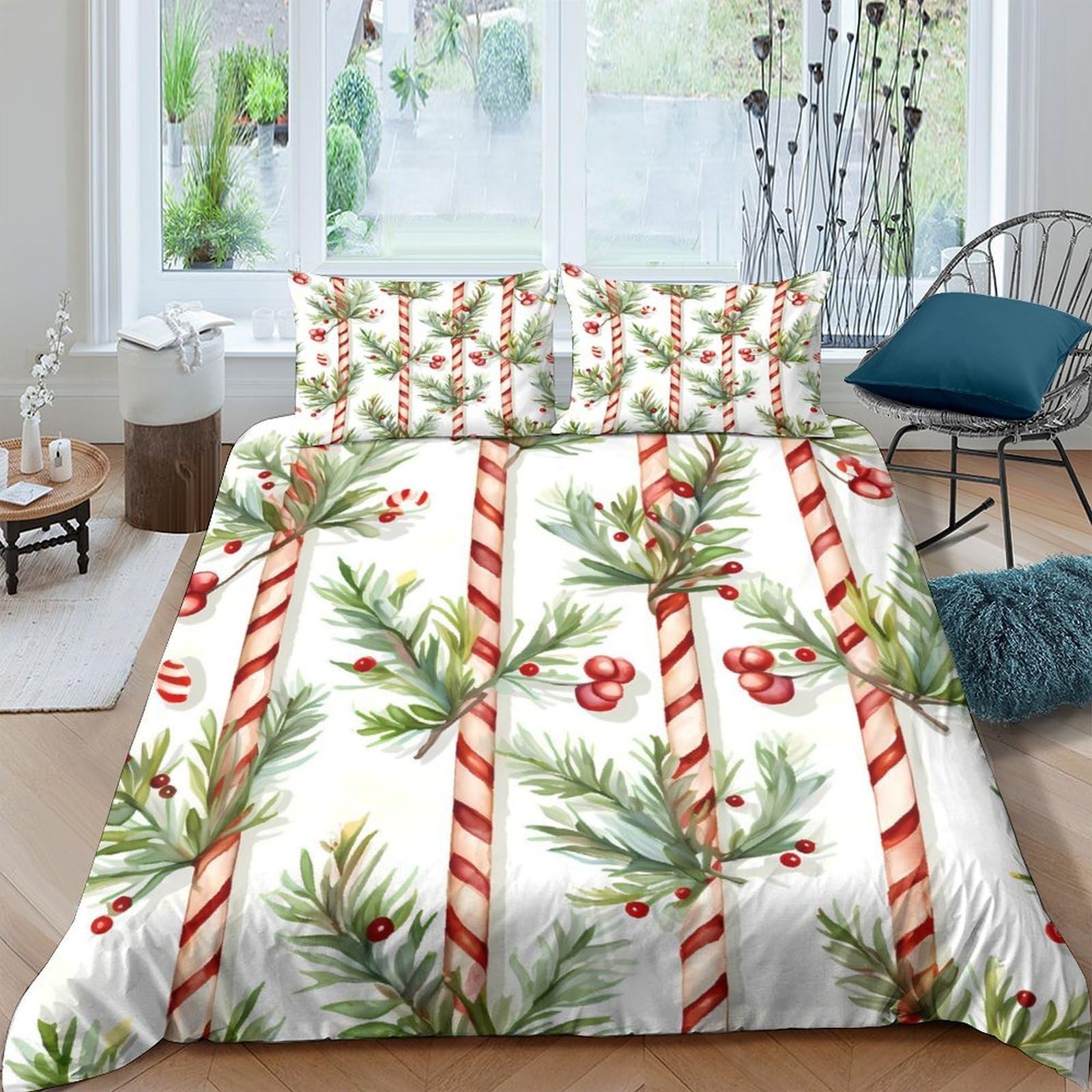 TUFRTGYHN 3D Printed Christmas Candy Cane Duvet Cover Microfiber Soft Breathable Pine Branch Bedding Set with 2 Pillowcases for Bedroom Decor Single（135x200cm）