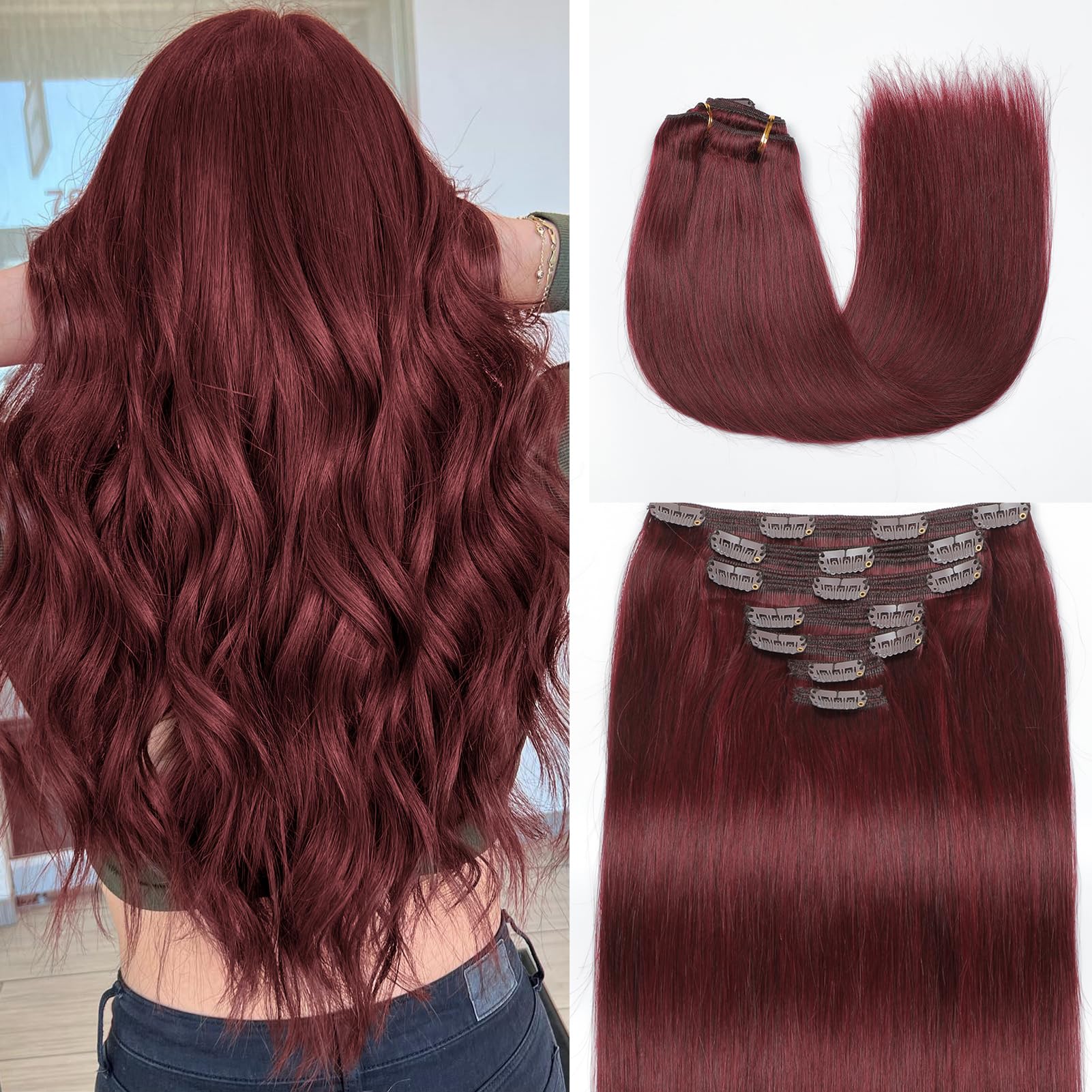 Mocona Clip in Hair Extensions Real Human Hair, Burgundy Red – 14 Inch 7pcs 130g/Pack, Soft Hair Extensions Real Human Hair Clip ins Straight for