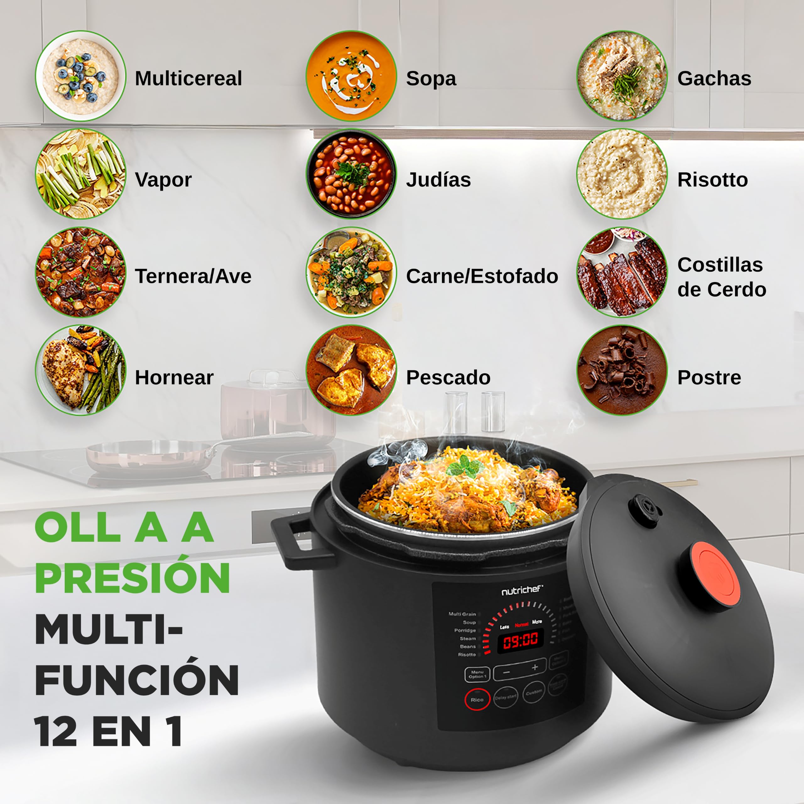 NutriChef olla de presión eléctrica digital de encimera, 13 funciones de cocción, Tiempo y temperatura ajustables, Hornea, Cocina al vapor y brasea