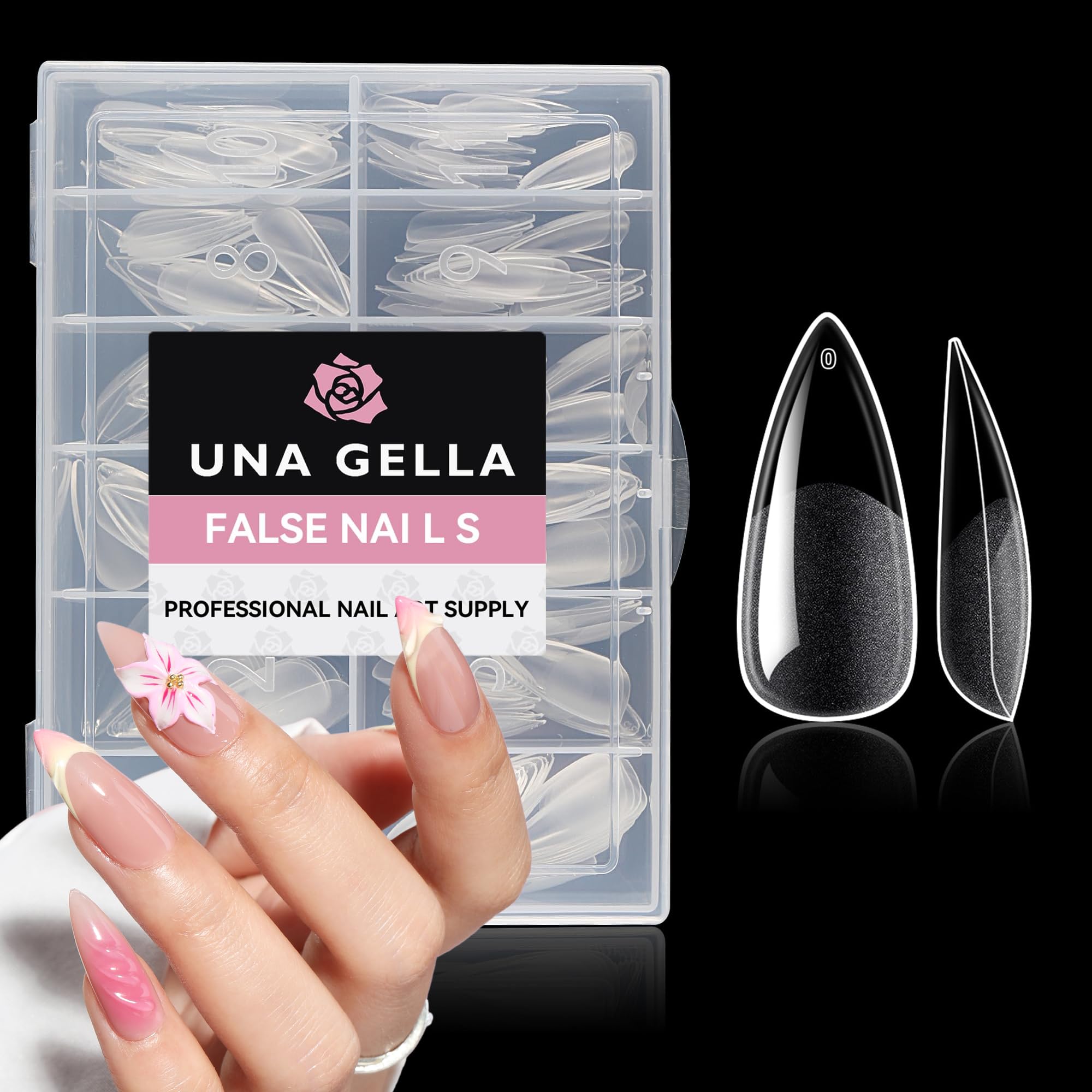 Photo 1 of UNA GELLA Medium Stiletto Gel Nail Tips Full Cover 216Pcs Almond Shape Nails Tips Stiletto Pre etched Soft Gel Nails Clear Fake False Nail Tip For Home Art Salon 12 Sizes