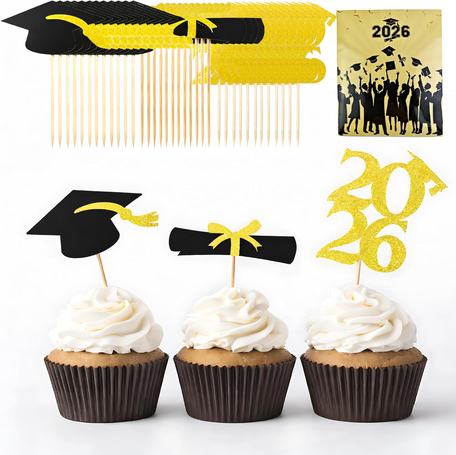 OHOME Graduation Decorations 2026-36 PCS Graduation Cupcake Toppers - 2026 Graduation Party Decorations - Mini Cake Decorations for Class of 2026,Diploma, 2026, Grad Cap Set (Black)