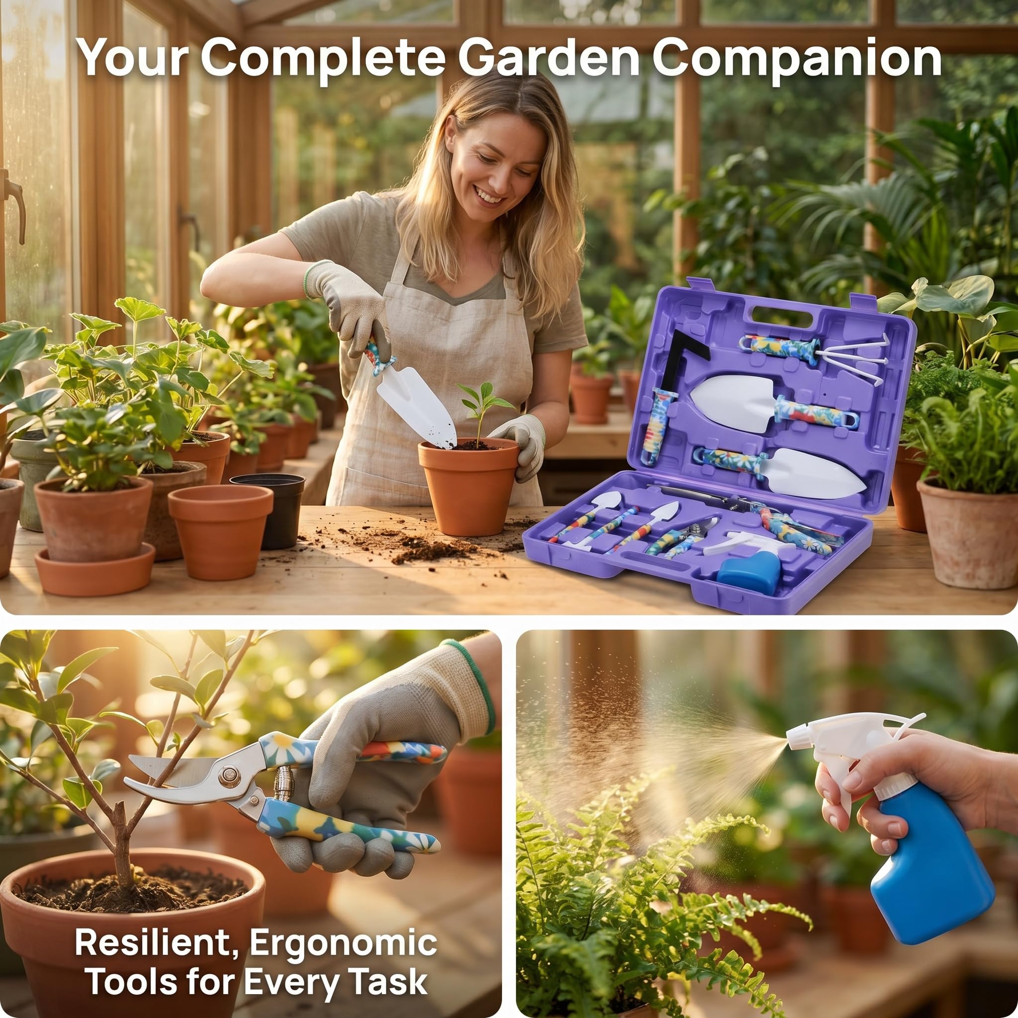 Juego De 10 Herramientas De Jardinería: Kit Completo De Jardinería De Plástico con Palas, Rastrillo, Tijeras, Desbrozadora, Pulverizador De Agua Y Estuche De Purple