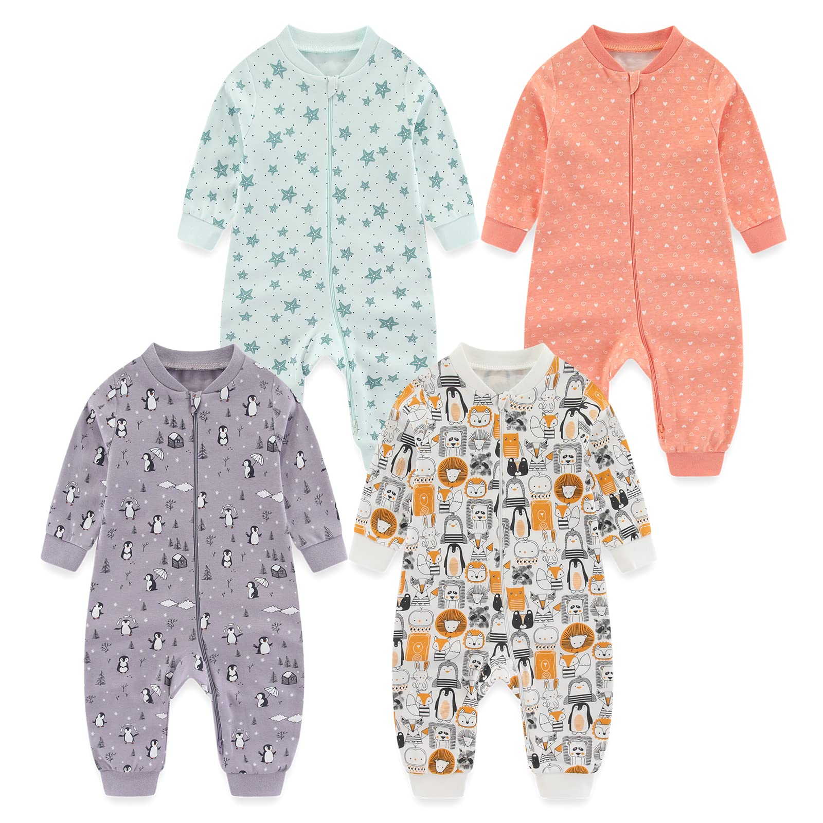MAMIMAKA Pijama unisex para bebé recién nacido, con cremallera de 2 vías, pijama de algodón con pies, para dormir y jugar, paquete de 4, 0-18 meses