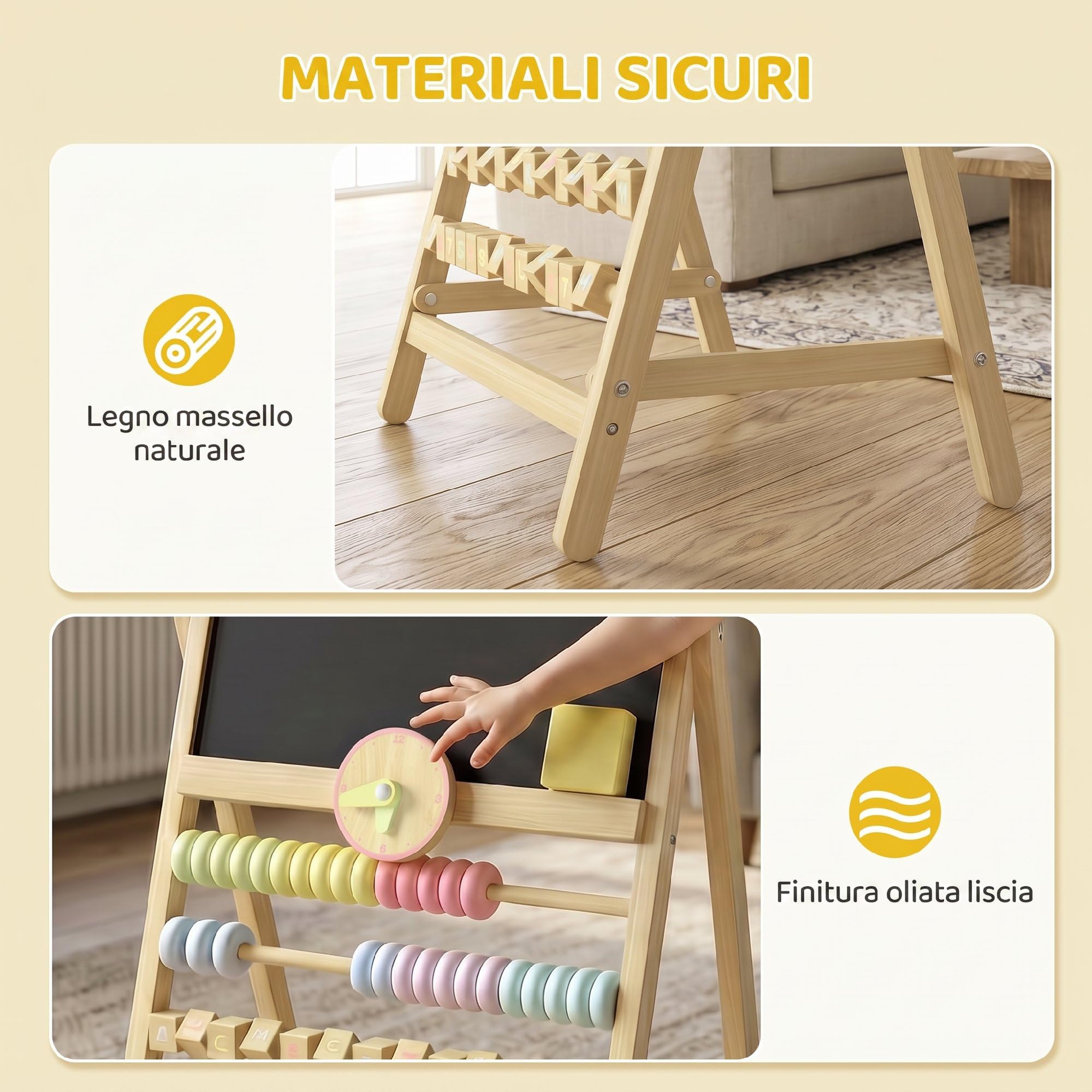 AIYAPLAY Lavagna per Bambini Doppia Facciata in Legno 2+ Anni Color Legno | Cancellabile, Lavagnetta Bambini in Legno con Cavalletto, Orologio Removibile, Abaco Integrato, Cancellino