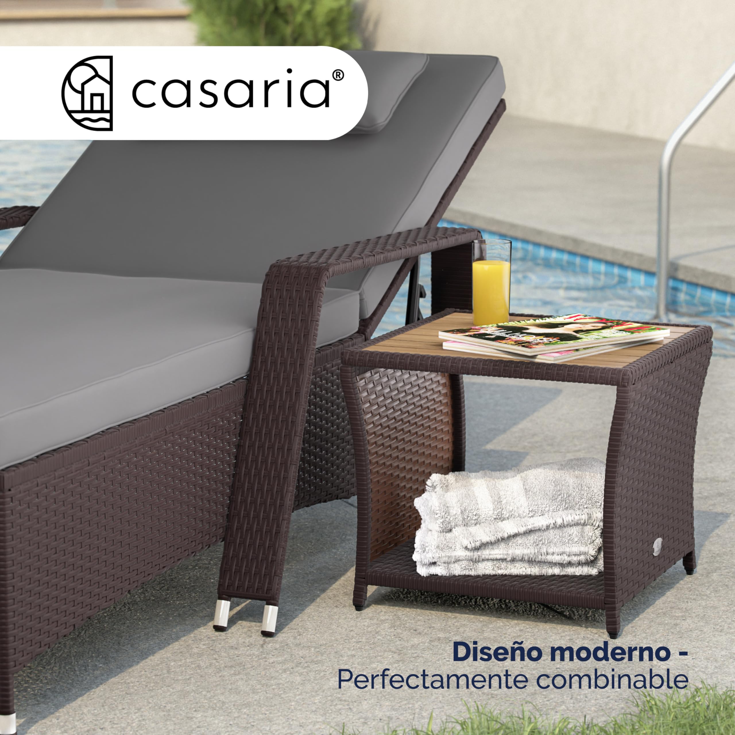 CASARIA® Mesa Auxiliar Jardín 45x45x40cm Poliratán Tablero Madera Acacia Mesa Exterior Balcón Carga 80kg Resistente Intemperie Marrón