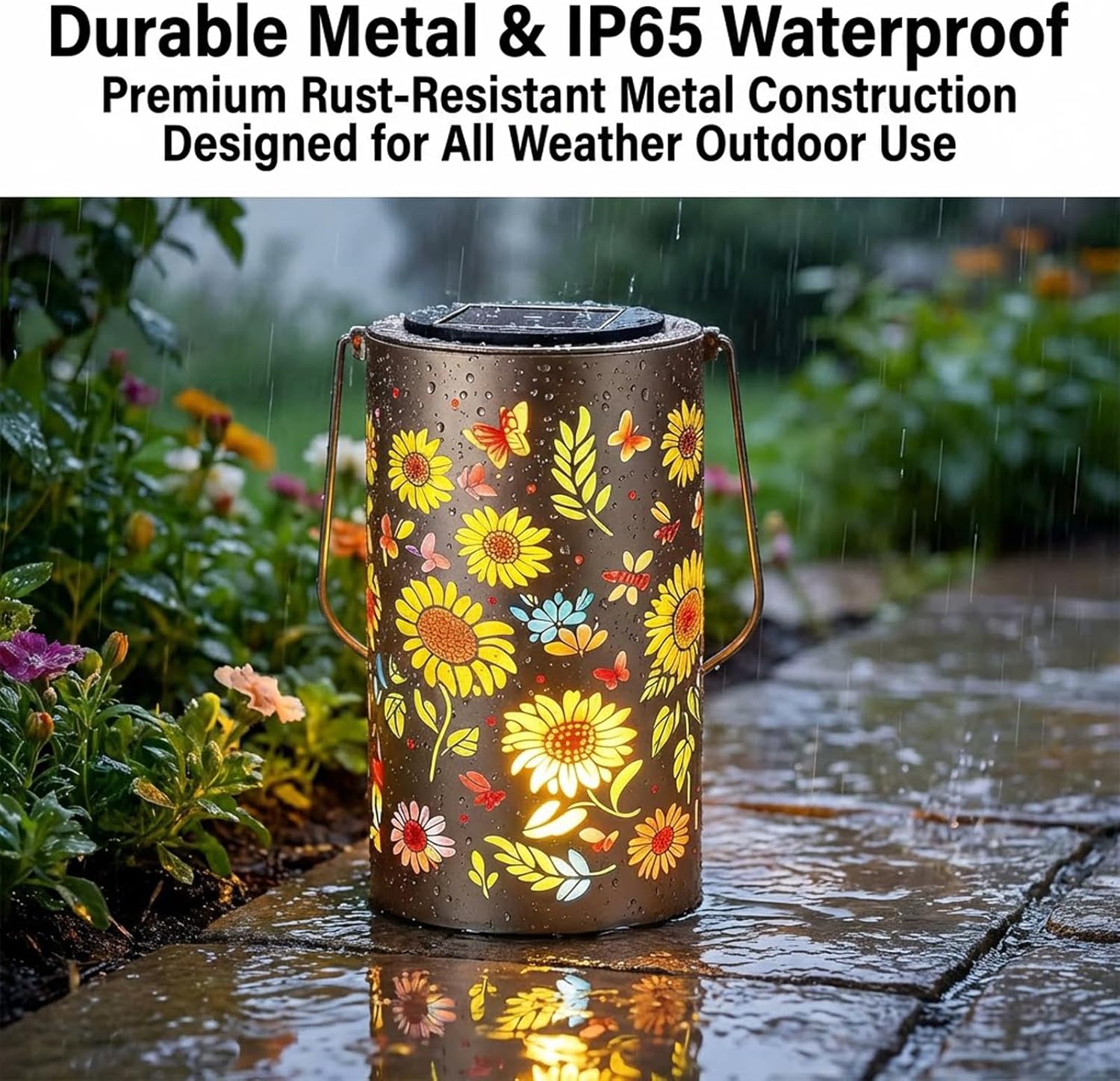 Colorful Sunflower Glow Solar Garden Lantern, IP65 WaterproofSolar Lanterns Outdoor, Hanging Solar Lanterns with Colorful Projection, Metal Lanterns Decorative for Yard, Porch (Colored Light*4)