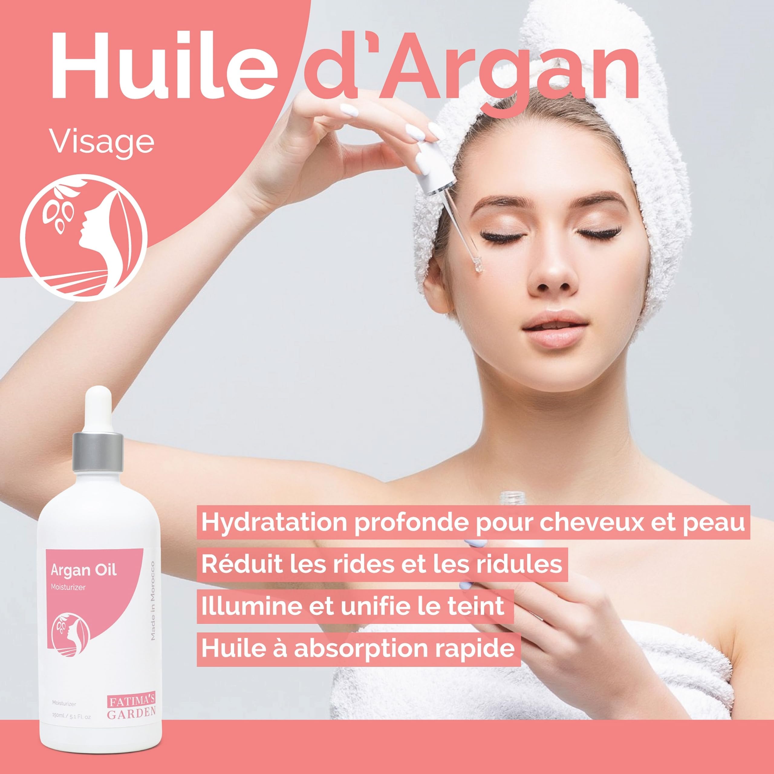 Fatima's Garden Huile d'Argan aux Pétales de Rose - Hydratant Anti-Âge Bio, 150ml