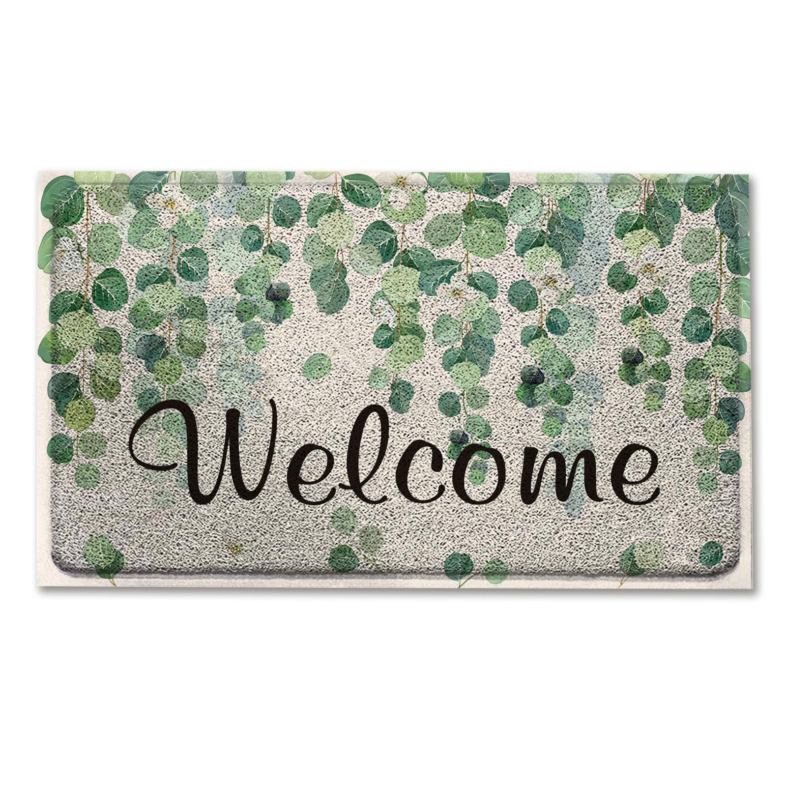 comfoyar Welcome Door Mat, Spring Green Eucalyptus Leaf Door Mat, Non-Slip Entrance Rug, Low Profile Waterproof Front Door Decorations for Indoor Outdoor, 43 x 75 cm