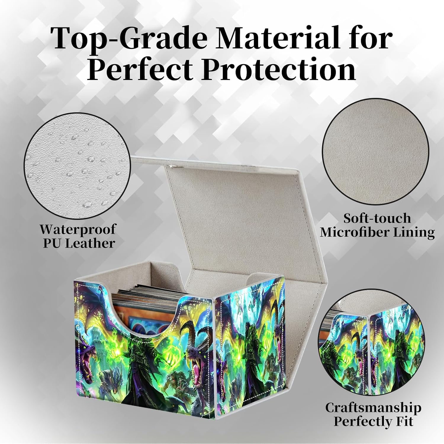 Card Deck Box for MTG,Commander,YuGiOh,Portable 100+ Card Storage Box,Magnetic Closure Durable Leather Trading Card Protector Case for TCG CCG Players & Collectors- Dragon War image 2