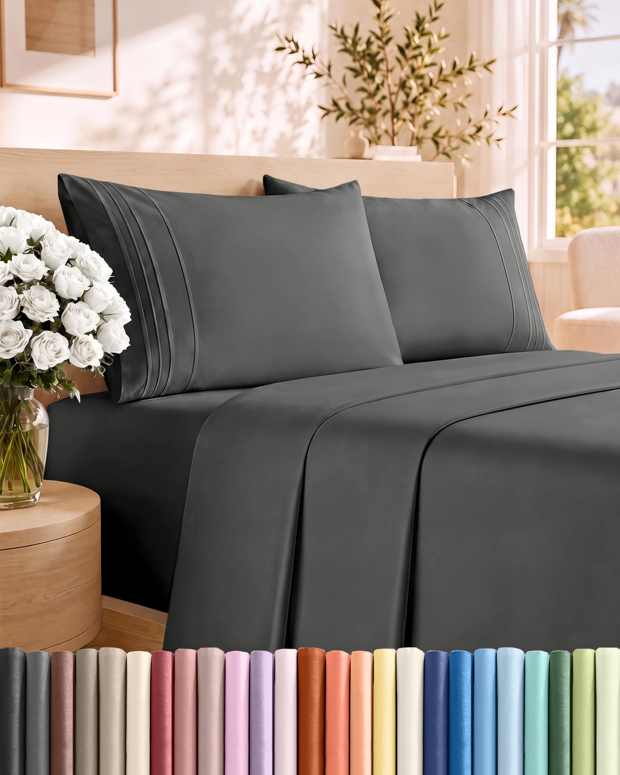 Cal King Size 4 Piece Sheet Set - Breathable &amp; Cooling Sheets - Charcoal
