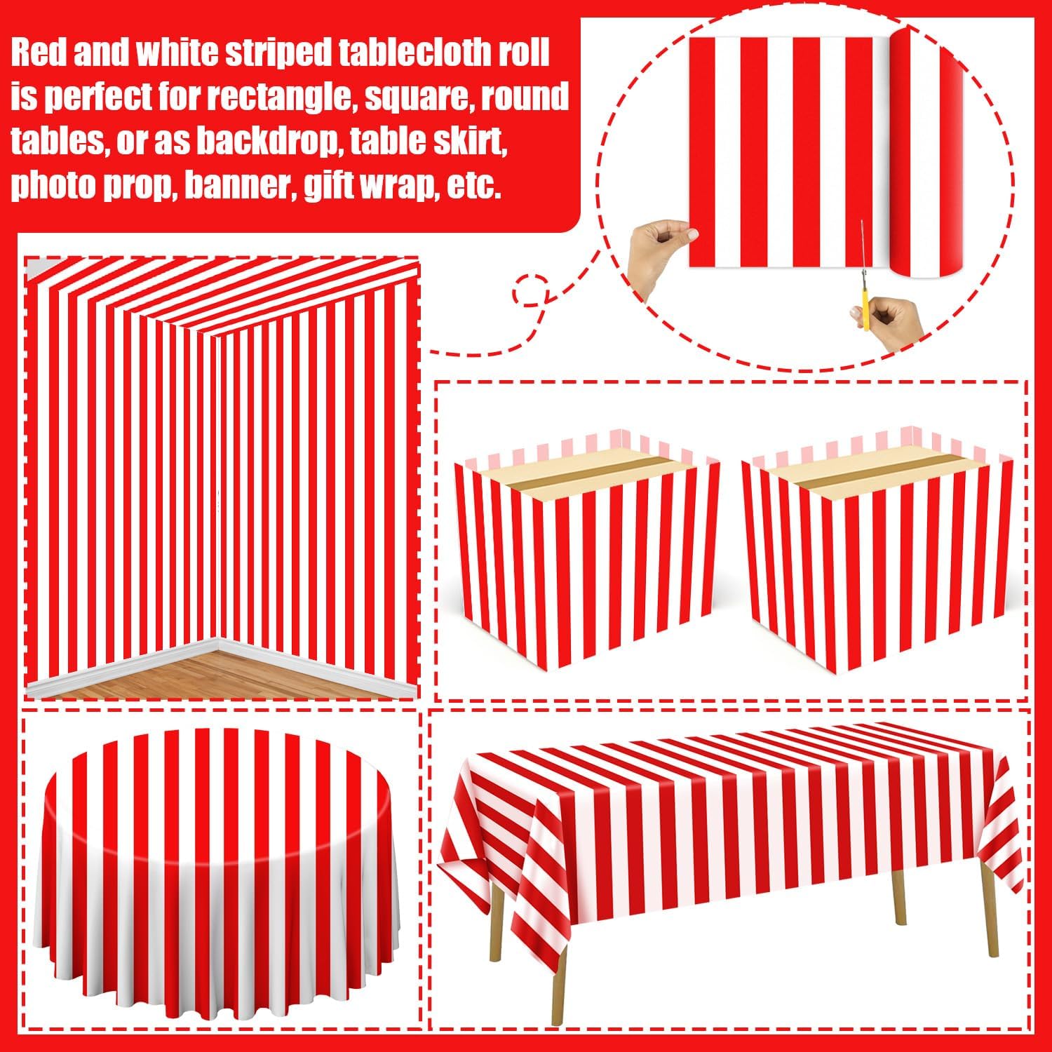Rot-weiß Gestreifte Tischdeckenrolle, 30 M X 137 Cm, Mit Schneidebox – Karneval, Zirkus, Partydeko