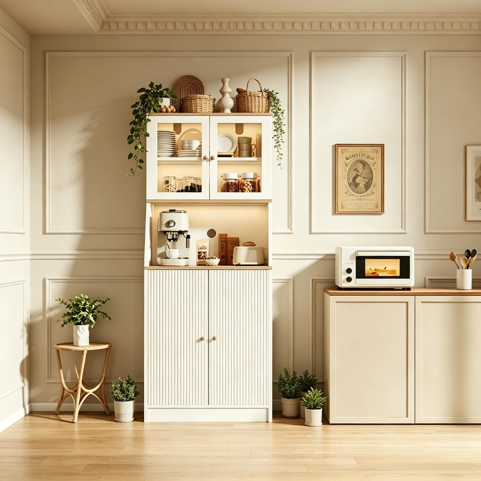 Aparador Alto de Cocina con LED, Armario de cocinaAlto con encimera, Armario de Cocina con estantes Ajustables y armarios gabinetes, aparadores Comedor, Vitrina para Comedor(Blanco)