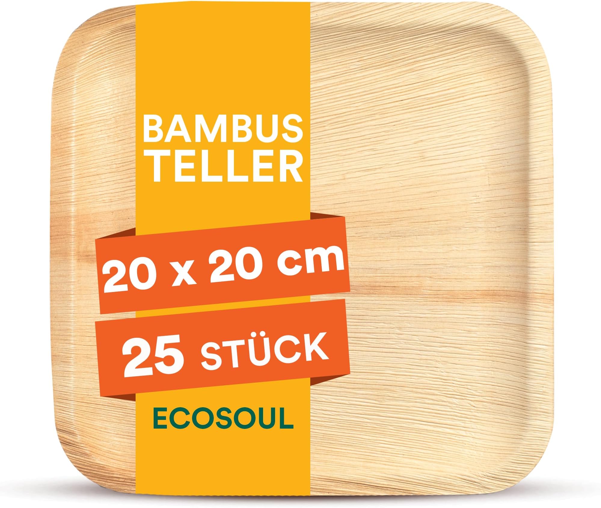 ECO SOUL [8 inch, 25-Pack Areca Palm Leaf Square Plates | Disposable Eco-Friendly Biodegradable Like Bamboo Wood Plates | Party, Wedding, Event Plates (20 cm)