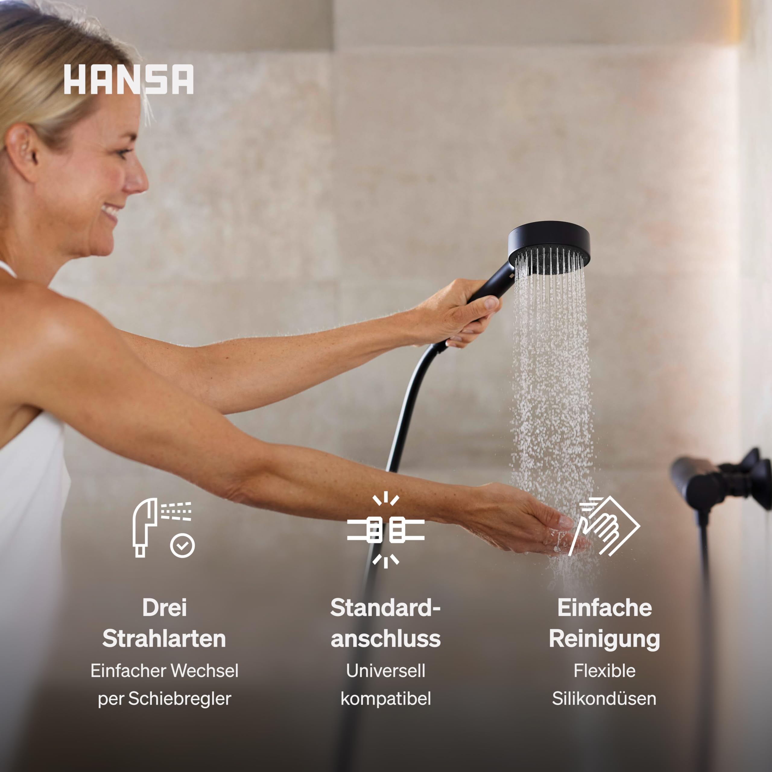 HANSA BASICJET Duschkopf mit 3 Strahlarten I Handbrause Dusche I Anti-Kalk Funktion I Brausekopf 95 mm Durchmesser | Standard G 1/2 Anschluss | Schwarz