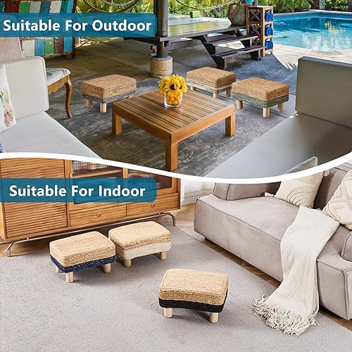 Miniatura 7 de Cpintltr Taburete otomano rectangular, reposapiés, otomano, reposapiés natural de algas marinas con patas de madera, taburete tejido a mano para