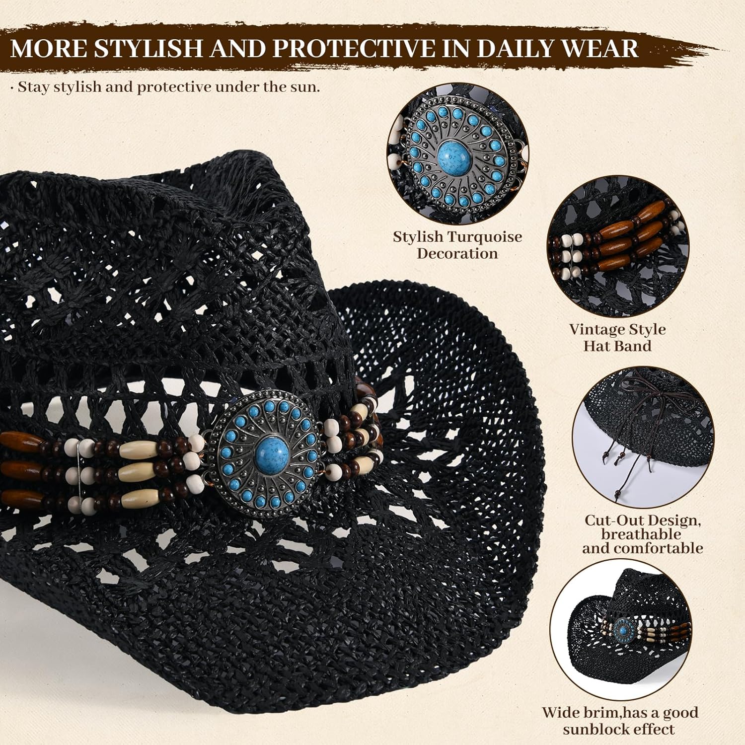 Straw Cowboy Hat for Men Womens Straw Cowgirl Hat Summer Western Cowboy Hats with Wide Brim for Cowgirls and Cowboys