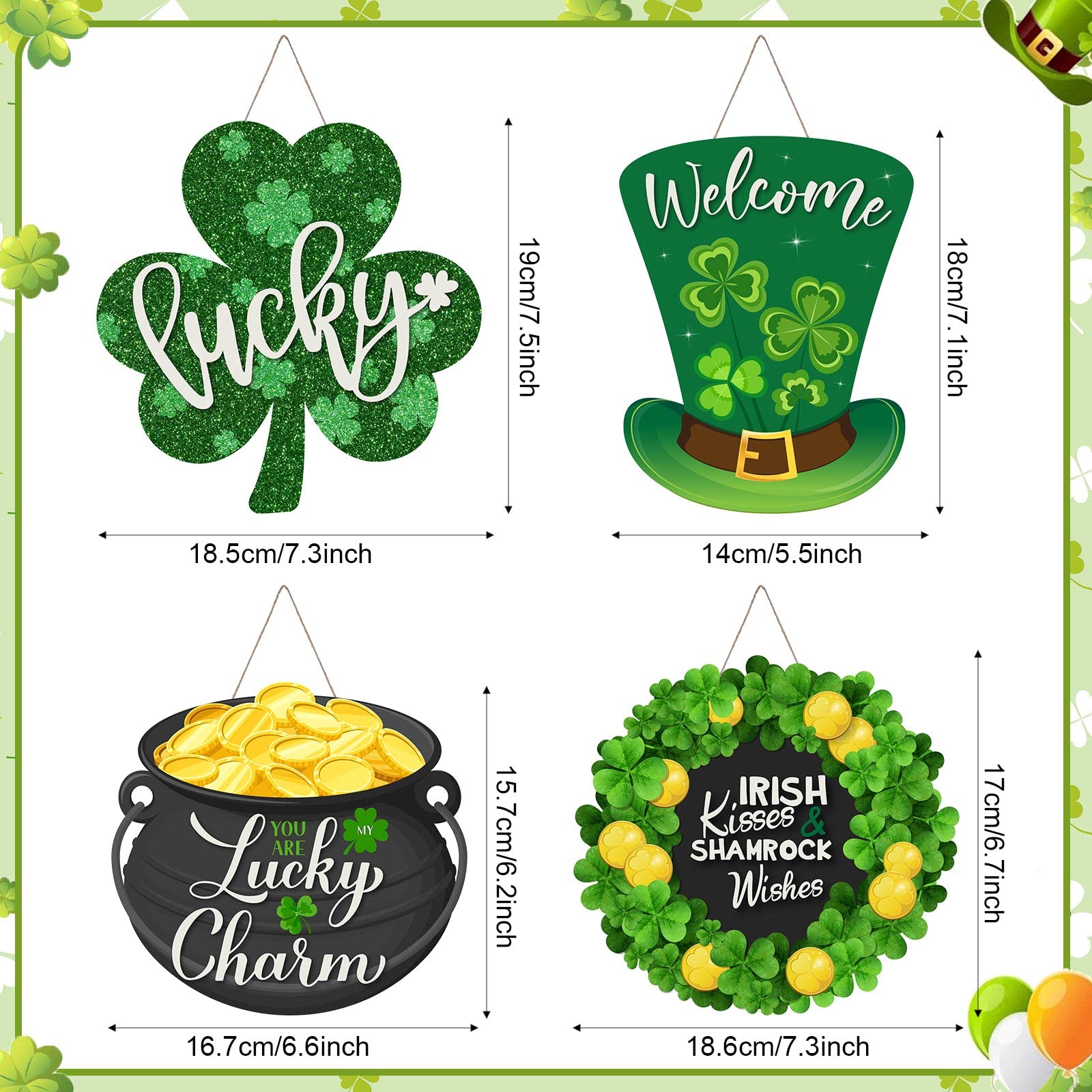 4 Pcs Happy St Patrick's Day Sign Shamrock Leprechaun Wooden Hanging Sign Wood St Patrick's Day Wreath Farmhouse St Patrick's Day Front Door Decorations Irish Welcome Board Home Wall Decor