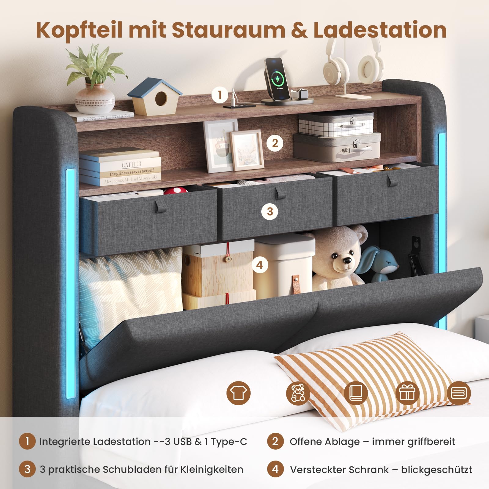 AOGLLATI Polsterbett 90x200 mit Hydraulisch Stauraum,3 schubladen und LED | Jugendbett 90x200 mit Ladestation, Stauraum Kopfteil, Lattenrost aus Holz, Einzelbett belastbar bis 250 kg, Leinen Dunkelgrau