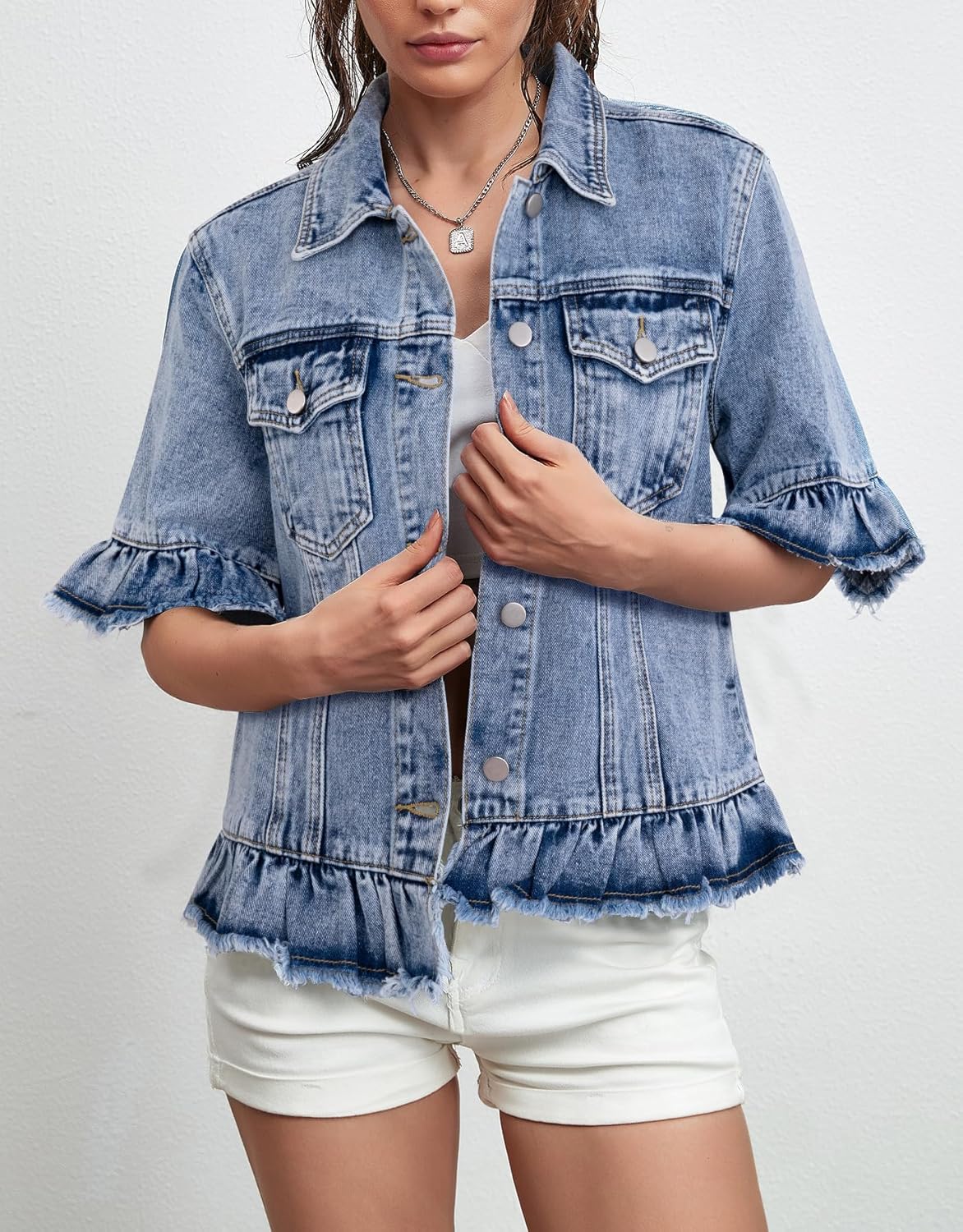 Kedera Short Sleeve Denim Jacket for Women Lightweight Blue Jean Jackets Ruffle Sleeve Denim Shirt Summer Top - Image 3