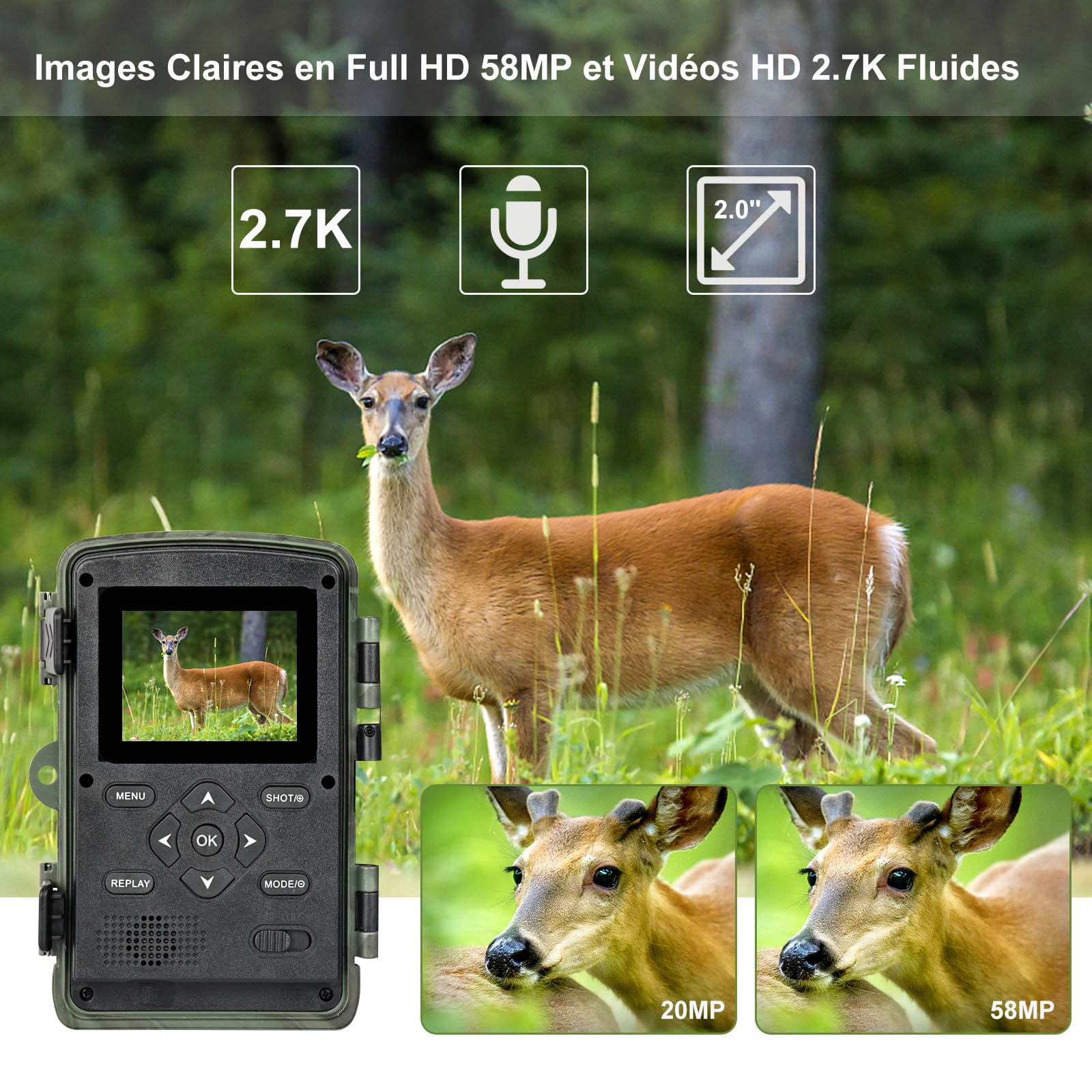 Caméra de Chasse Vision Nocturne Infrarouge Piege Photographique 2,7K 58MP
