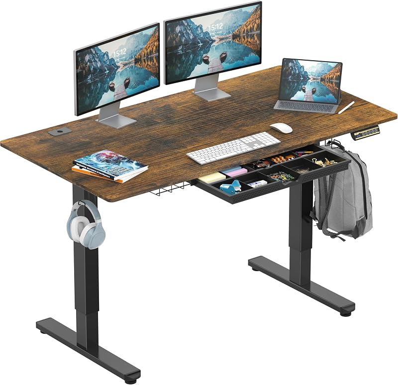 SHW 55 x 28 Electric Height Adjustable Standing Desk w/Drawer,Rustic Brown | w/ Memory Presets and Cable Management | Drawer with adjustable compartments | Hanging Hooks