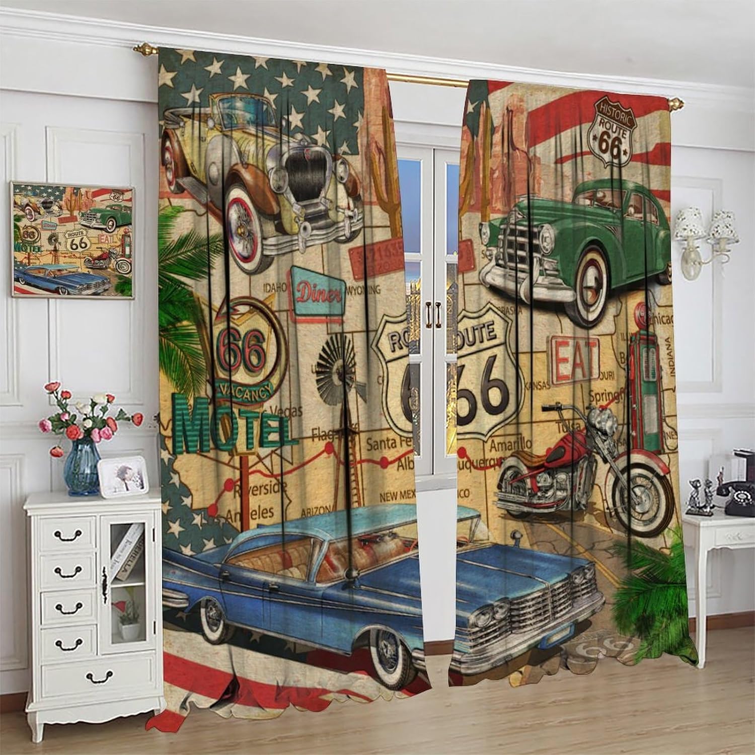 Retro Car Blackout Curtains Old Classic Car Theme Vintage Route 66 Diner Pattern Window Drapes 2 Panel Rod Pocket Curtains for Bedroom Living Room Kitchen Decor42 W X 84"" L, Style-6