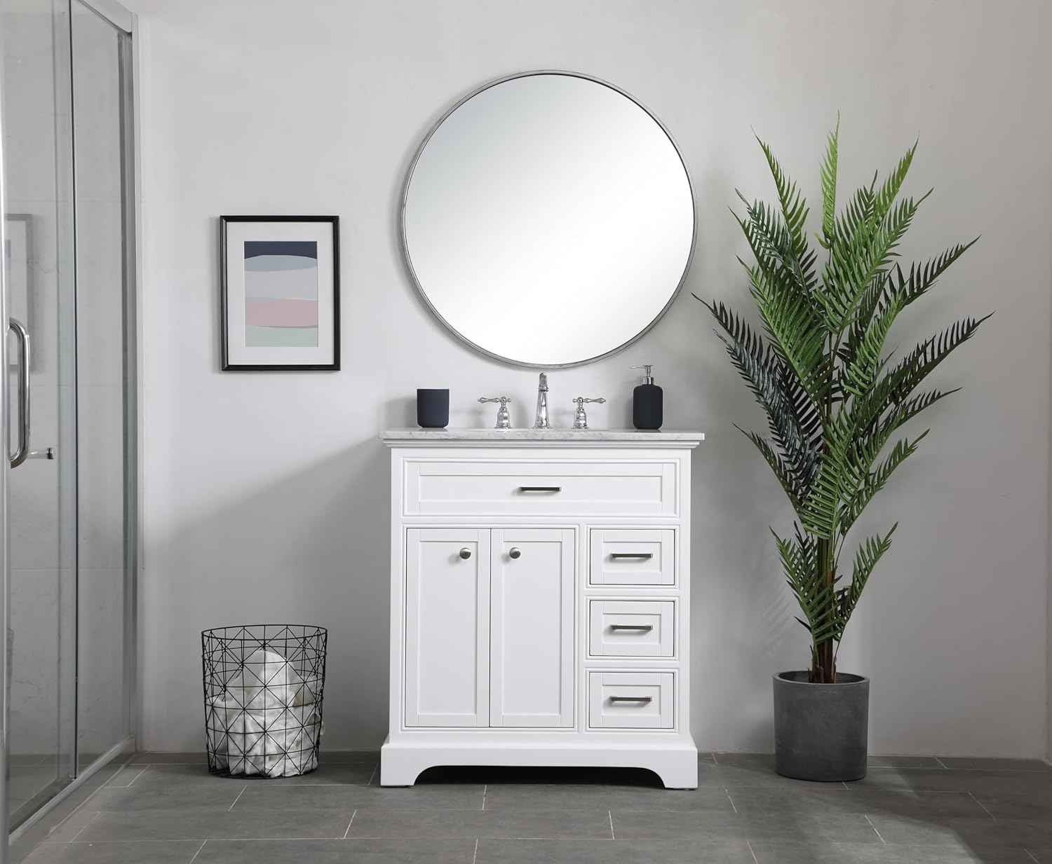 32 Single Bathroom Vanity, with Carrara White Marble Top Soft-Close, White