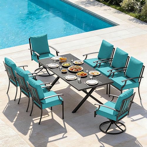 Miniatura 25 de Juego de 10 piezas de comedor para patio al aire libre, mesa de patio y sillas de ratán con agujero para paraguas, juego de mesa de comedor para 8