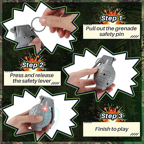 Miniatura 5 de Sratte 8 granadas de mano de plástico con efectos de sonido realistas y luz intermitente, granadas de juguete, granadas falsas, juguetes militares