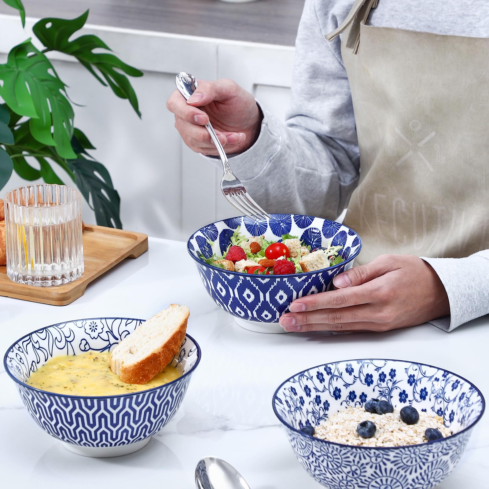 Selamica Porcelanowe miski na płatki śniadaniowe 18 cm, zestaw 6 miseczek do zupy, ceramiczne miski na płatki, zupę, sałatkę i makaron, niebieskie vintage