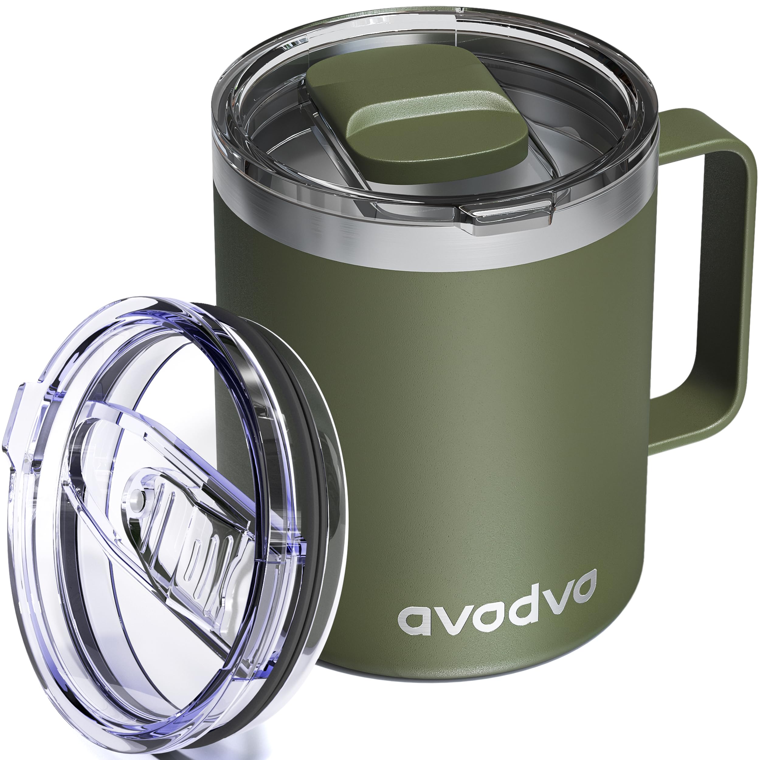 12oz Insulated Coffee Mug with 2 Lids &amp; Handle, Stainless Steel Cup