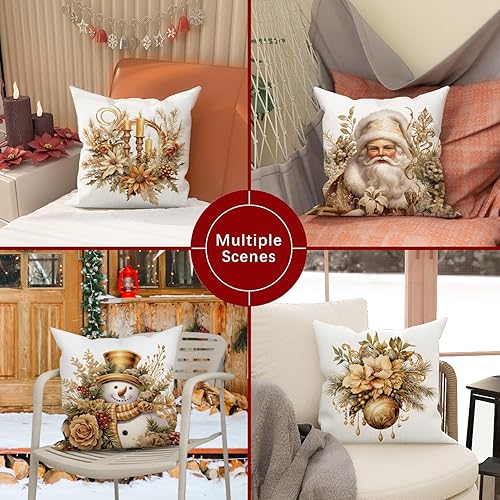 Miniatura 2 de Juego de 4 fundas de almohada de Navidad, Papá Noel, muñeco de nieve, bolas de Navidad, corona de flores, decoración de vacaciones, lino dorado,