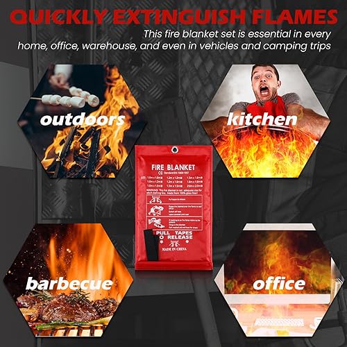 Miniatura 6 de Copkim 2 juegos de manta de emergencia contra incendios, manta térmica con silbatos de emergencia, ganchos y guantes para el hogar, cocina,