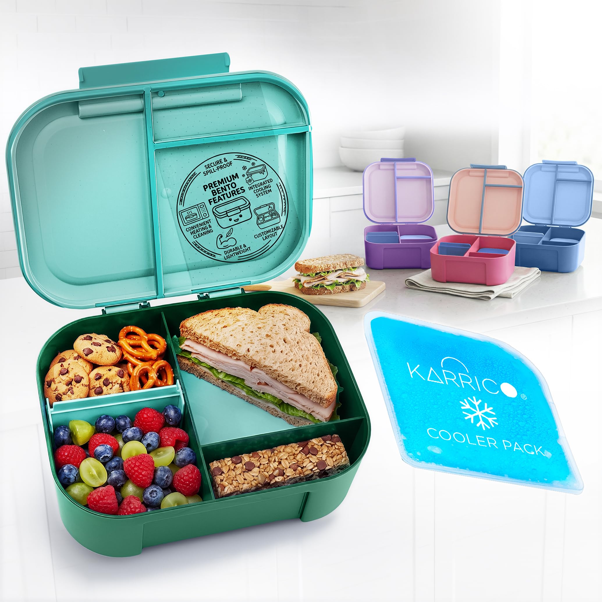 KARRICO Leakproof Bento Lunch Box, 3-Compartment, Extra Large, Pink & Blue