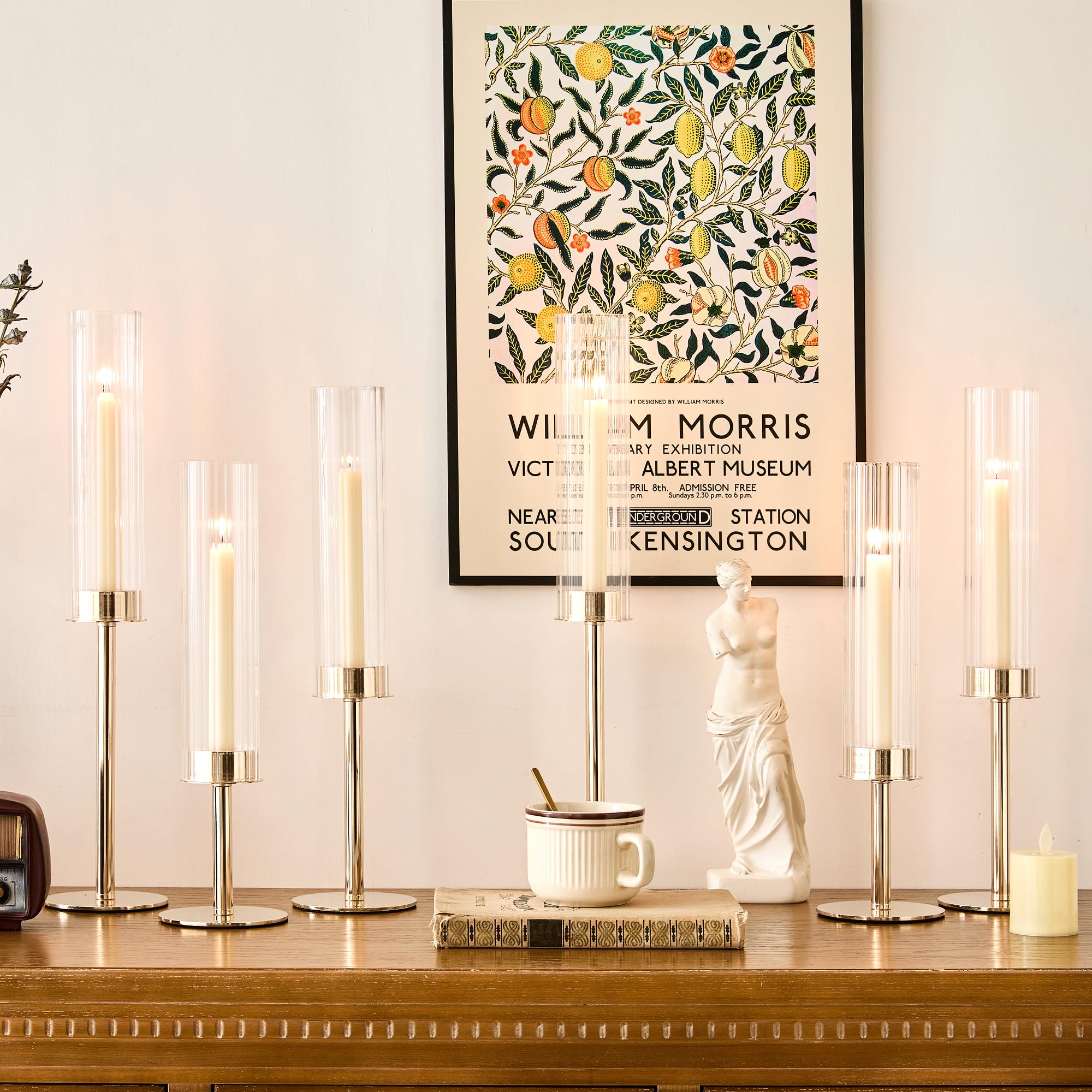 Hurricane - Set di 6 portacandele in vetro con base in metallo dorato, per matrimoni, Natale, tavolo da pranzo, feste, decorazioni per la casa (coste)