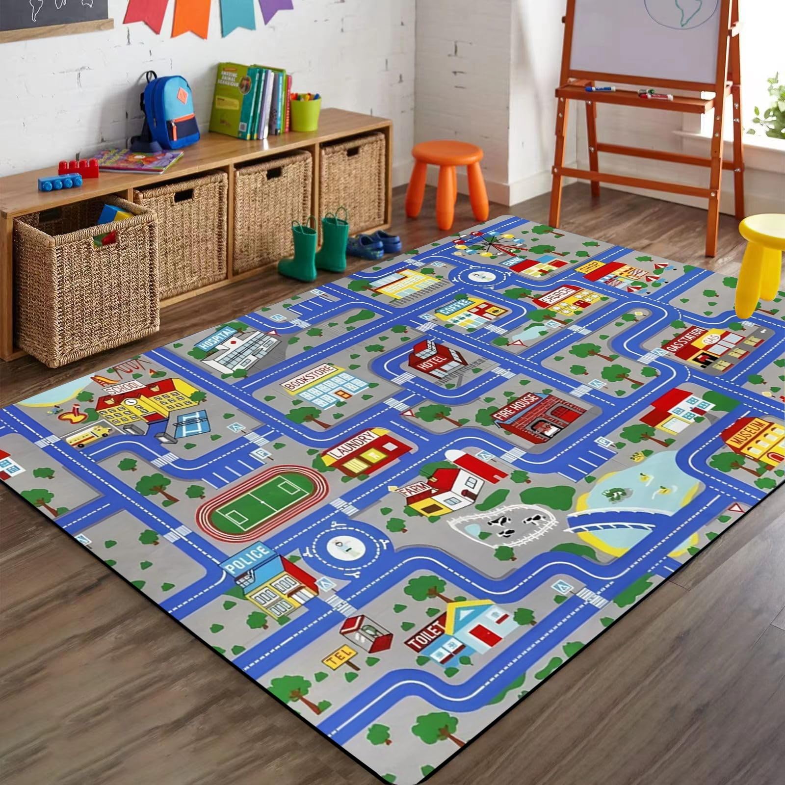 Bycmuoz Traffic Road Car Area Rug, 180x230cm, City Life Shop Map Classroom Carpets, Cozy Low Pile Non-Shedding Playing Mat, Easy Clean Dirty resistant No Crease carpet for Bedroom Hallway