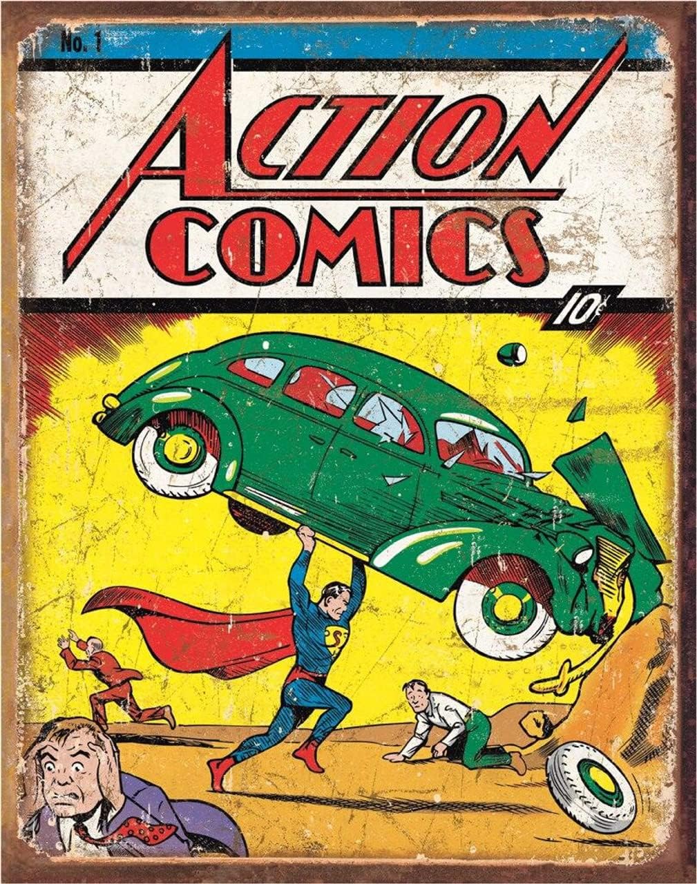 Action Comics No 1 Cover Tin Sign - Nostalgic Vintage Metal Wall Decor - Made in USA