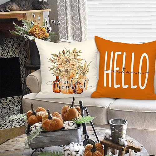 Miniatura 4 de Ywlake Juego de 4 fundas de almohada de otoño de 16 x 16 pulgadas, color naranja de 16 x 16 pulgadas, fundas decorativas para almohada de otoño de