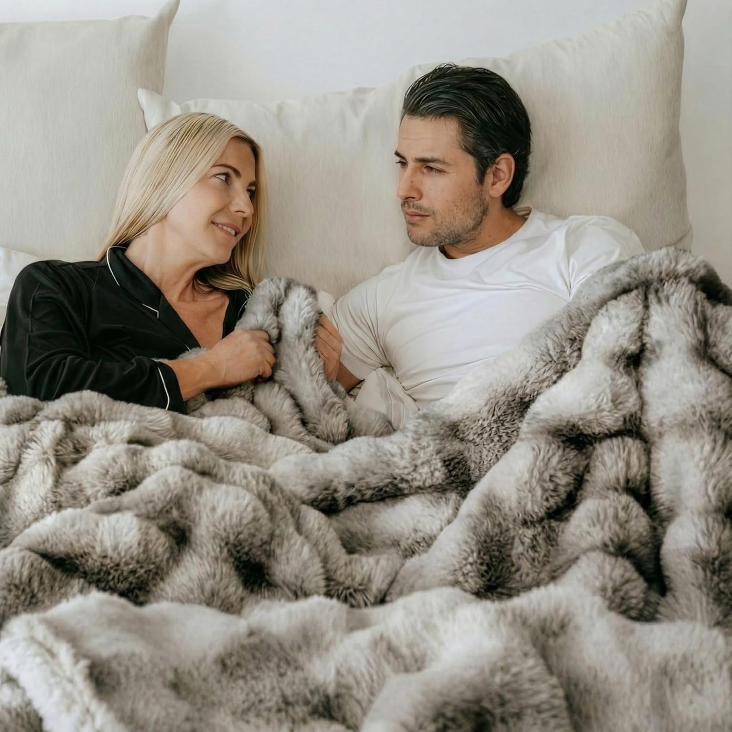 QUIETUDE Luxury Waterproof Faux Rabbit Fur Throw Blanket – Ultra Soft Plush Reversible Blanket, Silent Waterproof Layer, Thick Cozy Throw for Couch Bed Sofa, Machine Washable, 60x80, Oxford Gray