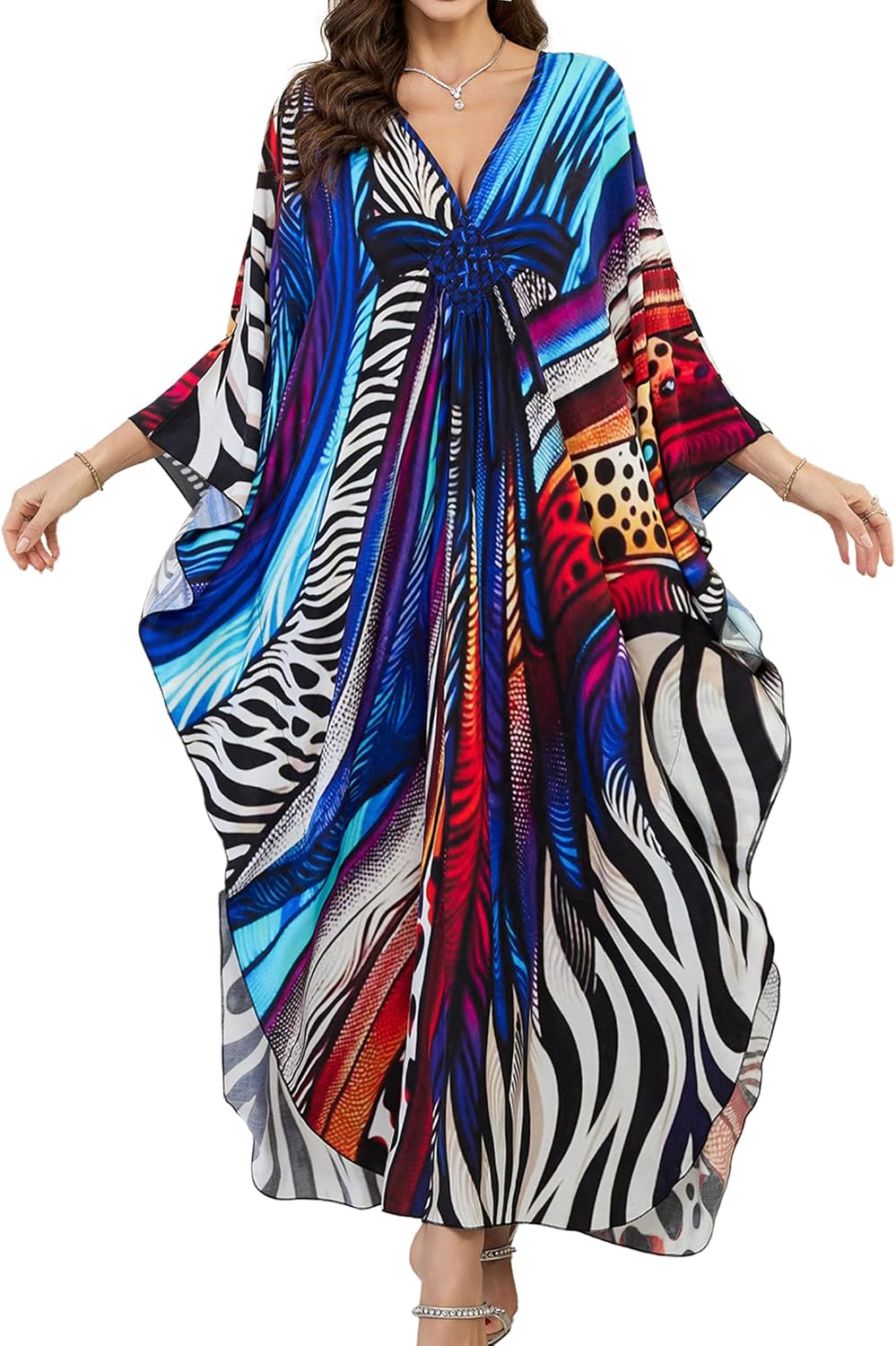 Yanziliu Women Kaftan Dresses Plus Size V-Neck Batwing Sleeves Beach Cover Up 2025 Summer Floral Print Caftan Dress