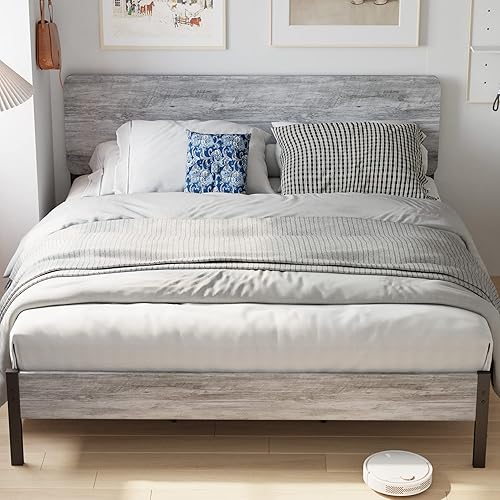 LIKIMIO King Size Bed Frame, Metal Bed Frame Full with Headboard and Strong Steel Slat Support, Easy Assembly, No Box Spring Needed, Industrial Gray