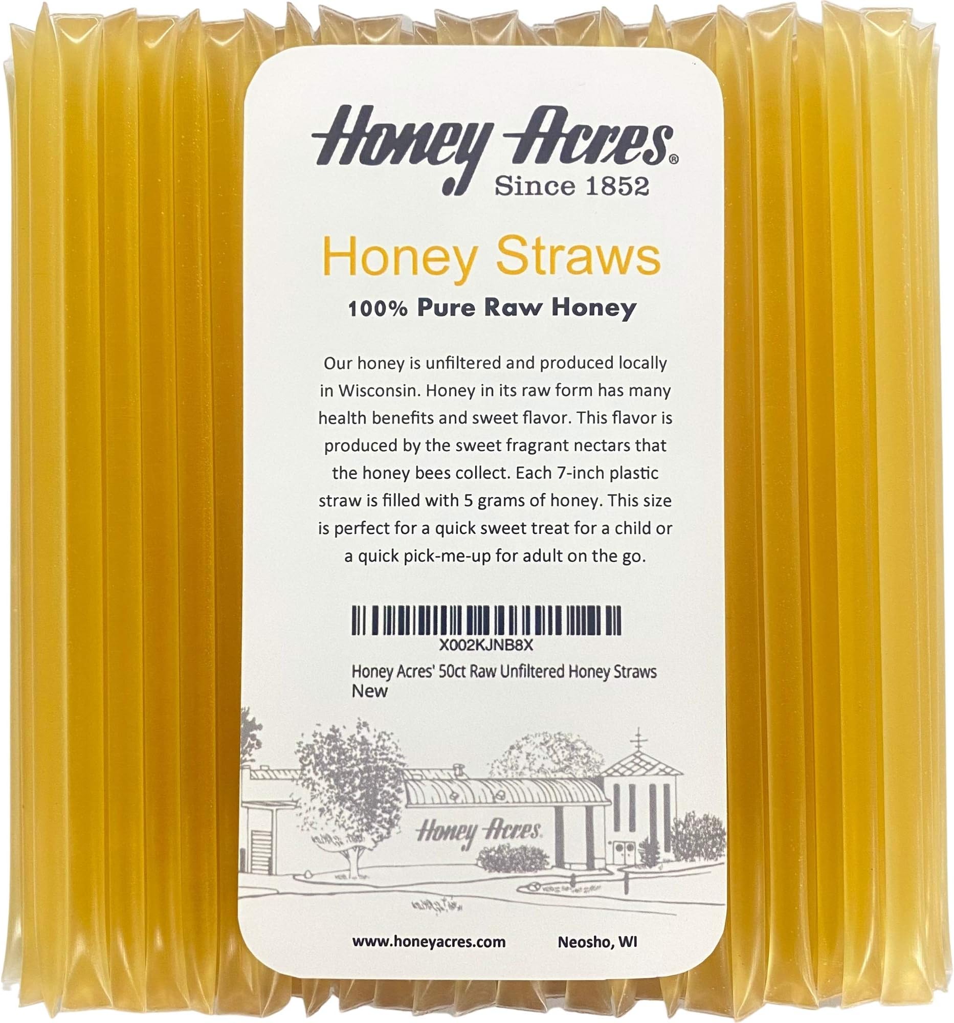 Honey Acres' Raw Unfiltered Honey Straws - USA Honey Sticks (Clover, 50 Count)