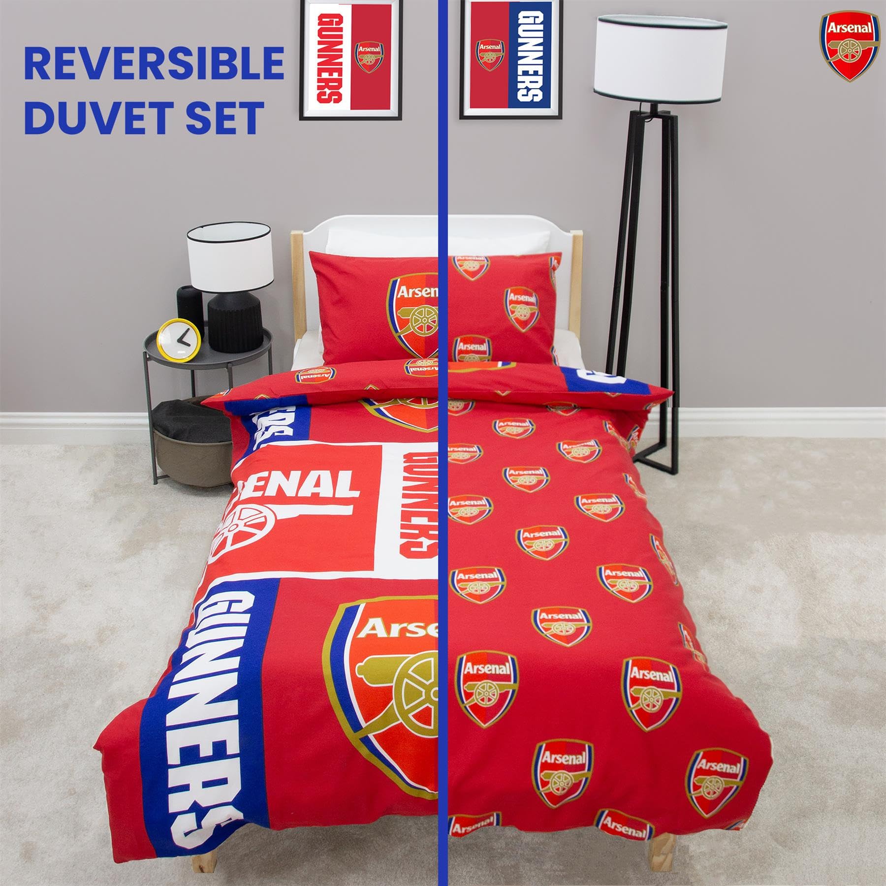 Character World Arsenal FC Parure de lit avec housse de couette – Literie réversible officielle – Design officiel avec emblème du logo des Gunners – Pour lit simple