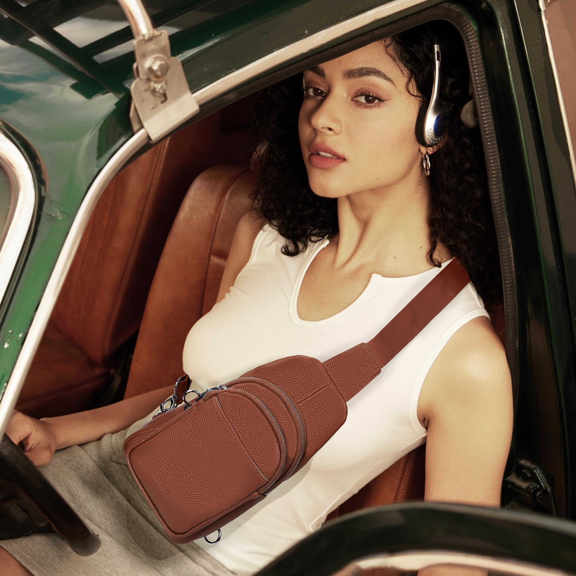 befen Bolso Riñonera Mujer Cuero Genuino, Mujer Bolsa de Pecho Mochila Antirrobo Sling Bolso Elegante Mochila Pecho Pequeña para Viaje Senderismo