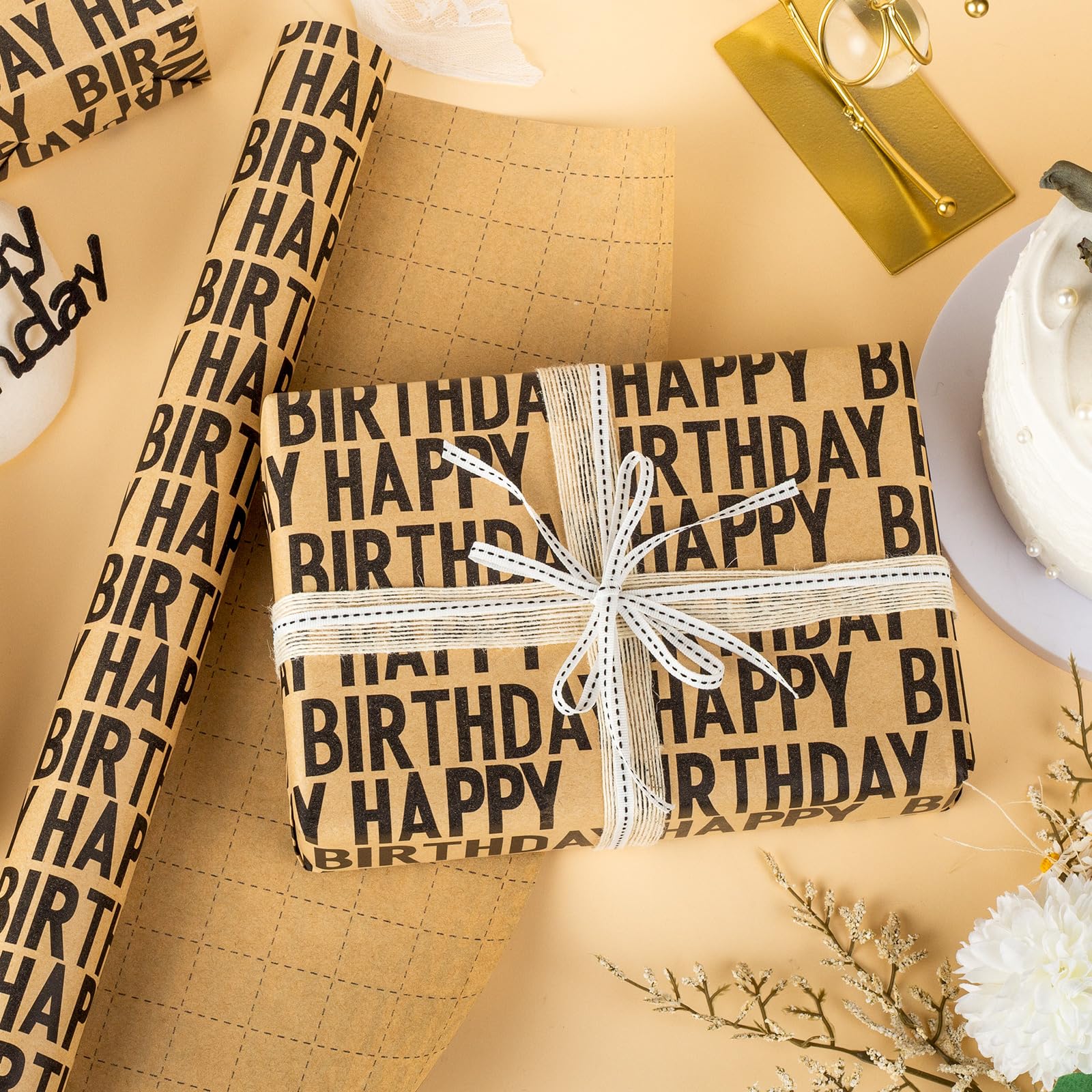 Yarcony Rollo de papel kraft para regalo de cumpleaños, 17 pulgadas x 33 pies, papel grueso reciclable con texto elegante para cumpleaños, hioliday, fiesta